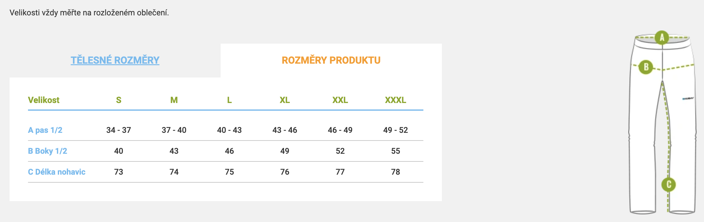 velikostni tabulka panskych kalhot Husky Tyme