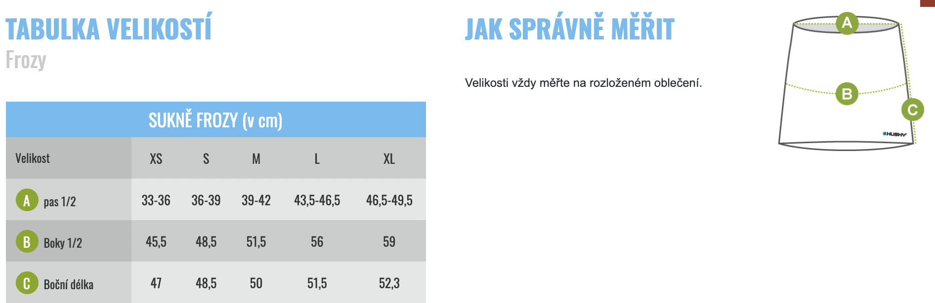 velikostni tabulka damske sukne Husky Frozy