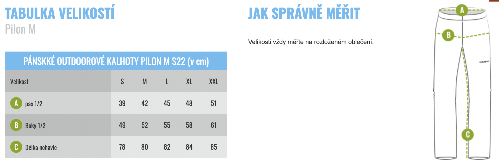 velikostni tabulka panske kalhoty Husky Pilon