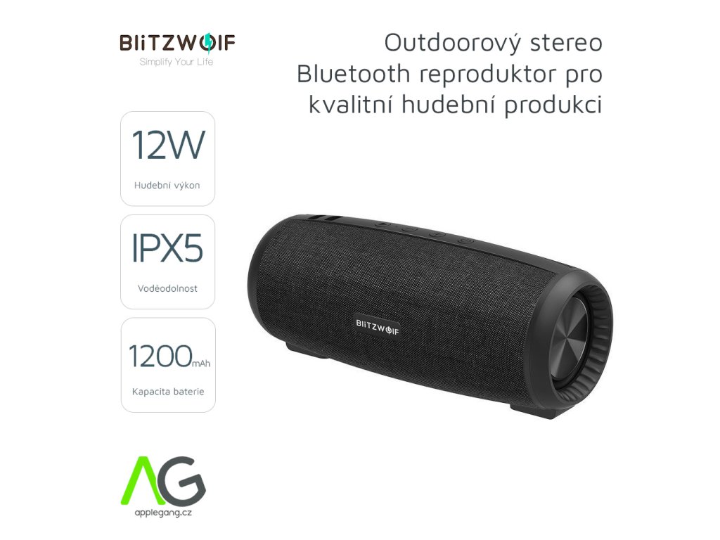 1250 blitzwolf bw wa1 prenosny ipx5 bluetooth stereo reproduktor 2x6w s handsfree cerny