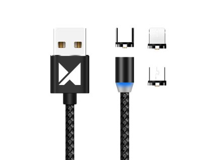 4346 wozinsky wmc 01 magneticky opleteny nabijeci kabel 3v1 usb c micro usb lightning 1m cerny