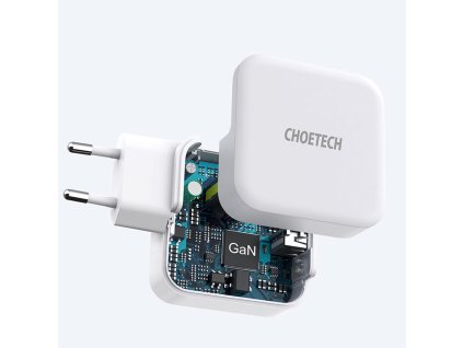 CHOETECH PD8002-EU Mini GaN dvouportová nabíječka USB + USB-C PD 65W, bílá