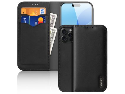 Pouzdro Dux Ducis Hivo pro iPhone 16 Pro Max s flipovým krytem a ochranou RFID - černé