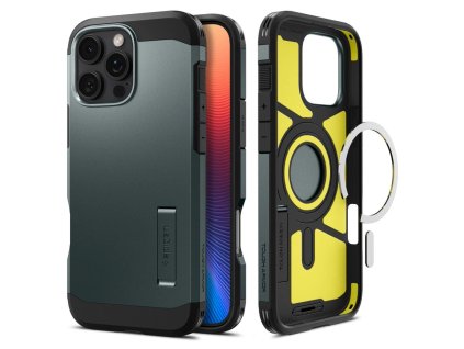 Spigen Tough Armor MagSafe pouzdro se stojánkem pro iPhone 16 Pro – zelené