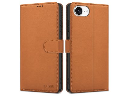 Pouzdro s klopou Tech‑Protect Wallet pro Apple iPhone 16e – hnědá kůže