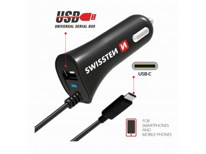 SWISSTEN CL autonabíječka USB-C a USB 2,4 A power