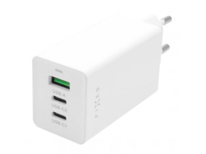 FIXED Síťová GaN nabíječka s 2x USB-C a USB výstupem, podpora PD, 65W, bílá