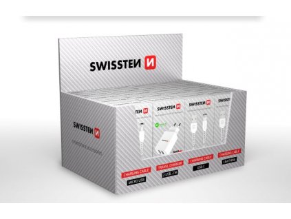 SWISSTEN prodejní set 4 produktů- 5x kabel micro USB, 5x kabel USB-C, 5x kabel Lightning, 5x nabíječka USB-A, v balení typu samoprodavač