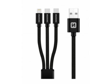 SWISSTEN datový kabel textilní 3v1 (Lightning, 2x USB-C), 1,2 m, černý