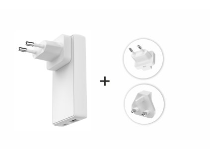 SWISSTEN Cestovní adaptér GaN USB-C + USB-A, 45 W, výměnné vidlice (US, EU, UK), bílý