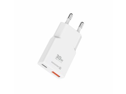 SWISSTEN Mini síťový adaptér GaN USB-C + USB-A 30 W, bílý