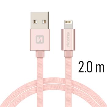 SWISSTEN datový kabel USB/Lightning, textilní oplet, 2 m Barva kabelu: Růžovo-zlatá