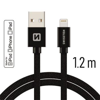 SWISSTEN datový kabel USB/Lightning, textilní oplet, MFi, 1,2 m Barva kabelu: Černá