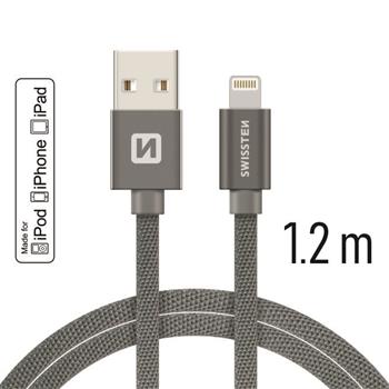 SWISSTEN datový kabel USB/Lightning, textilní oplet, MFi, 1,2 m Barva kabelu: Šedivá