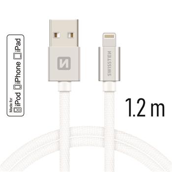 SWISSTEN datový kabel USB/Lightning, textilní oplet, MFi, 1,2 m Barva kabelu: Stříbrná