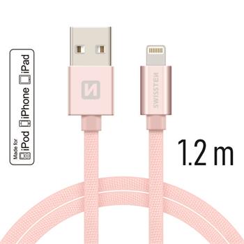 SWISSTEN datový kabel USB/Lightning, textilní oplet, MFi, 1,2 m Barva kabelu: Růžovo-zlatá