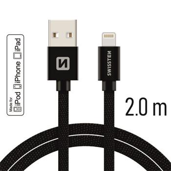 SWISSTEN datový kabel USB/Lightning, textilní oplet, MFi, 2 m Barva kabelu: Černá