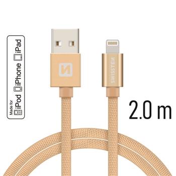SWISSTEN datový kabel USB/Lightning, textilní oplet, MFi, 2 m Barva kabelu: Zlatá