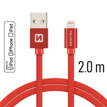 SWISSTEN datový kabel USB/Lightning, textilní oplet, MFi, 2 m Barva kabelu: Červená