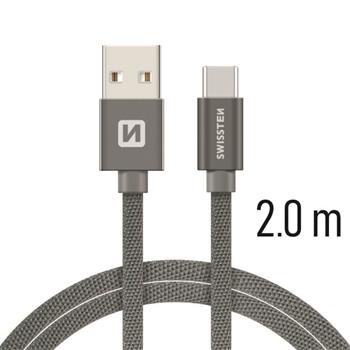 SWISSTEN datový kabel, USB/USB-C, textilní oplet, 2 m Barva kabelu: Šedivá