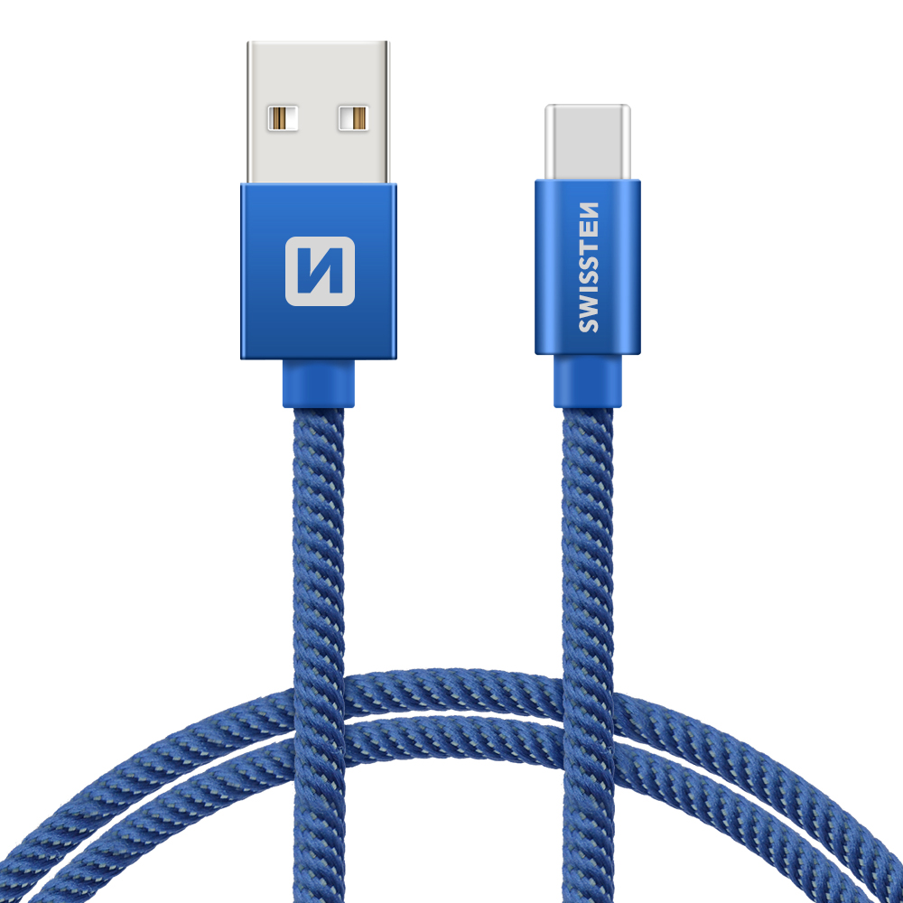 SWISSTEN datový kabel, USB/USB-C, textilní oplet, 2 m Barva kabelu: Modrá