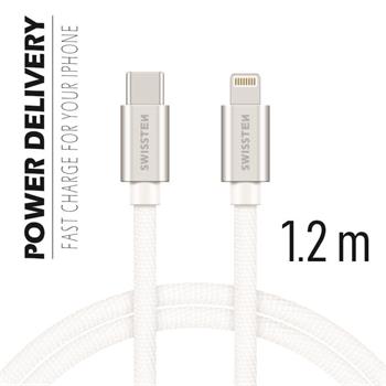 SWISSTEN datový kabel USB-C/Lightning, textilní oplet, 1,2 m Barva kabelu: Stříbrná