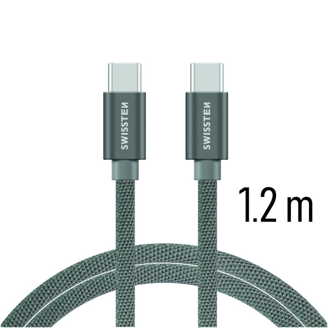 SWISSTEN datový kabel USB-C/USB-C, textilní oplet, 1,2 m Barva kabelu: Šedivá