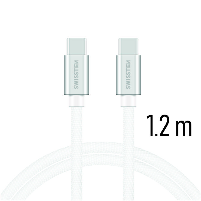 SWISSTEN datový kabel USB-C/USB-C, textilní oplet, 1,2 m Barva kabelu: Stříbrná