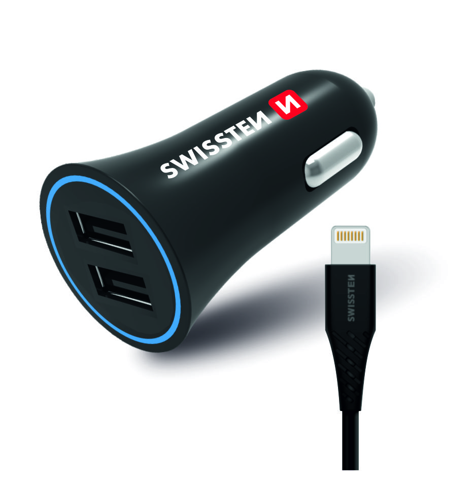 SWISSTEN nabíječka do autozapalovače, 2,4 A, 2x USB + kabel Lightning