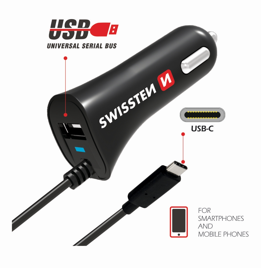 SWISSTEN CL autonabíječka, USB-C a USB, 2,4 A, černá