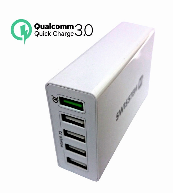 SWISSTEN síťový adaptér Qualcomm 3.0 Quick Charge + Smart IC, 5x USB, 50 W, bílý