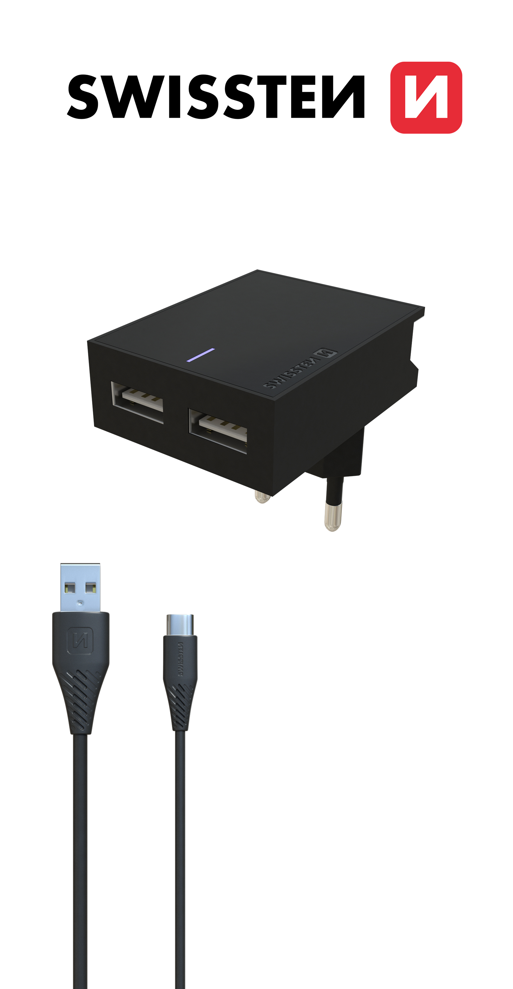 SWISSTEN cestovní nabíječka, 2x USB, Lightning, 3 A, 1,2 m, s MFi Barva: Černá