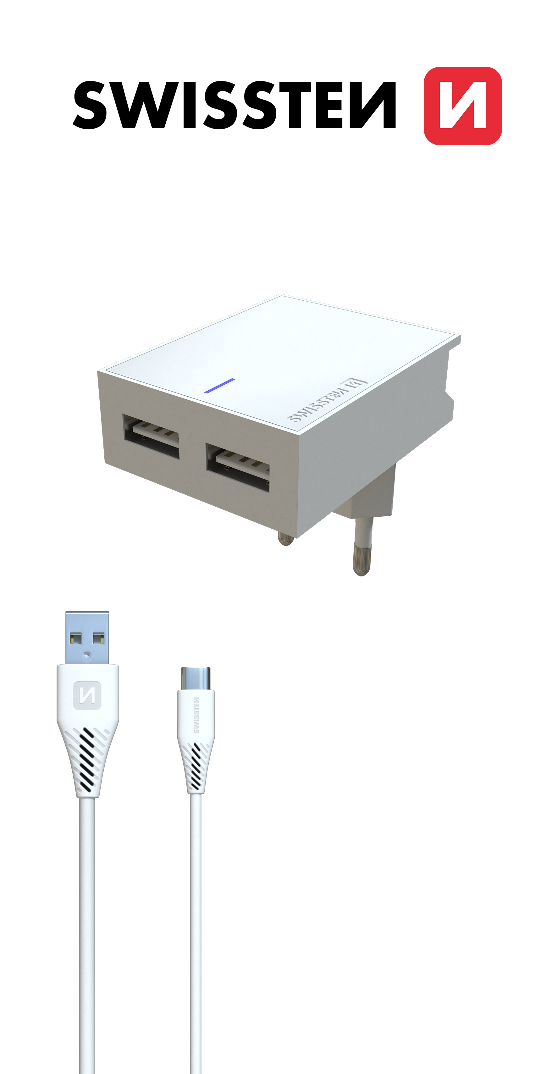 SWISSTEN travel slim nabíječka 2x USB, 3 A, Lightning, 1,2 m Barva: Bílá