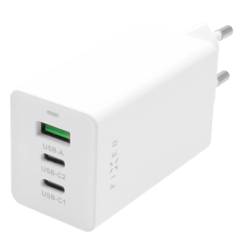 FIXED síťová GaN nabíječka, 2x USB-C, USB, podpora PD, 65 W, bílá