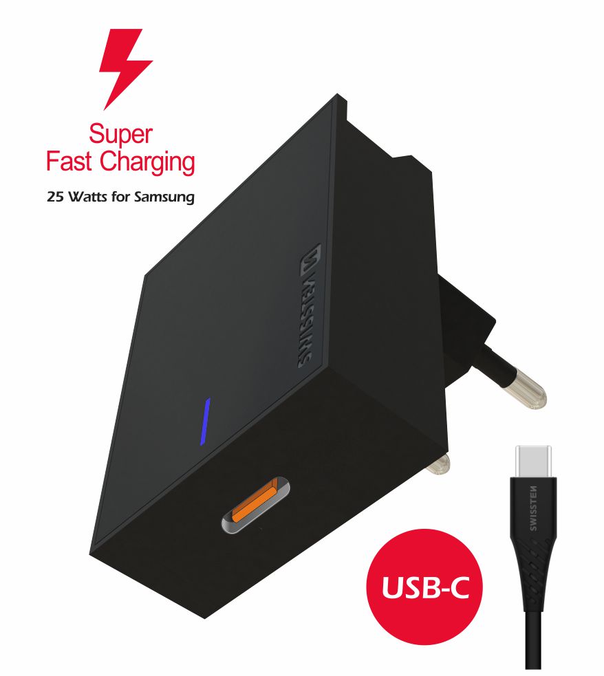 SWISSTEN síťová nabíječka pro Samsung, Super Fast Charging 25 W + datový kabel USB-C / USB-C, 1,2 m černá