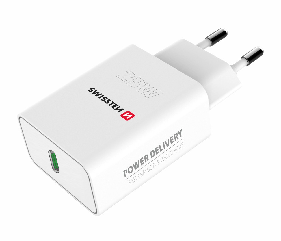 SWISSTEN síťový adaptér Power Delivery 25 W pro iPhone a Samsung Barva: Bílá