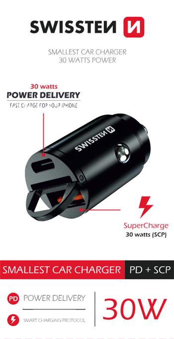 SWISSTEN NANO nabíječka do auta s Power Delivery USB-C + SuperCharge 3.0 30 W Barva: Černá