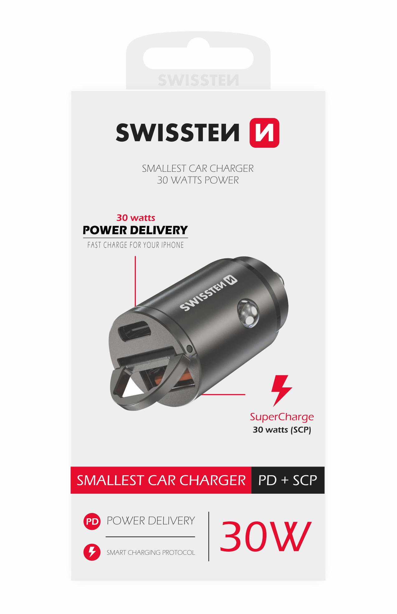SWISSTEN NANO nabíječka do auta s Power Delivery USB-C + SuperCharge 3.0 30 W Barva: Stříbrná