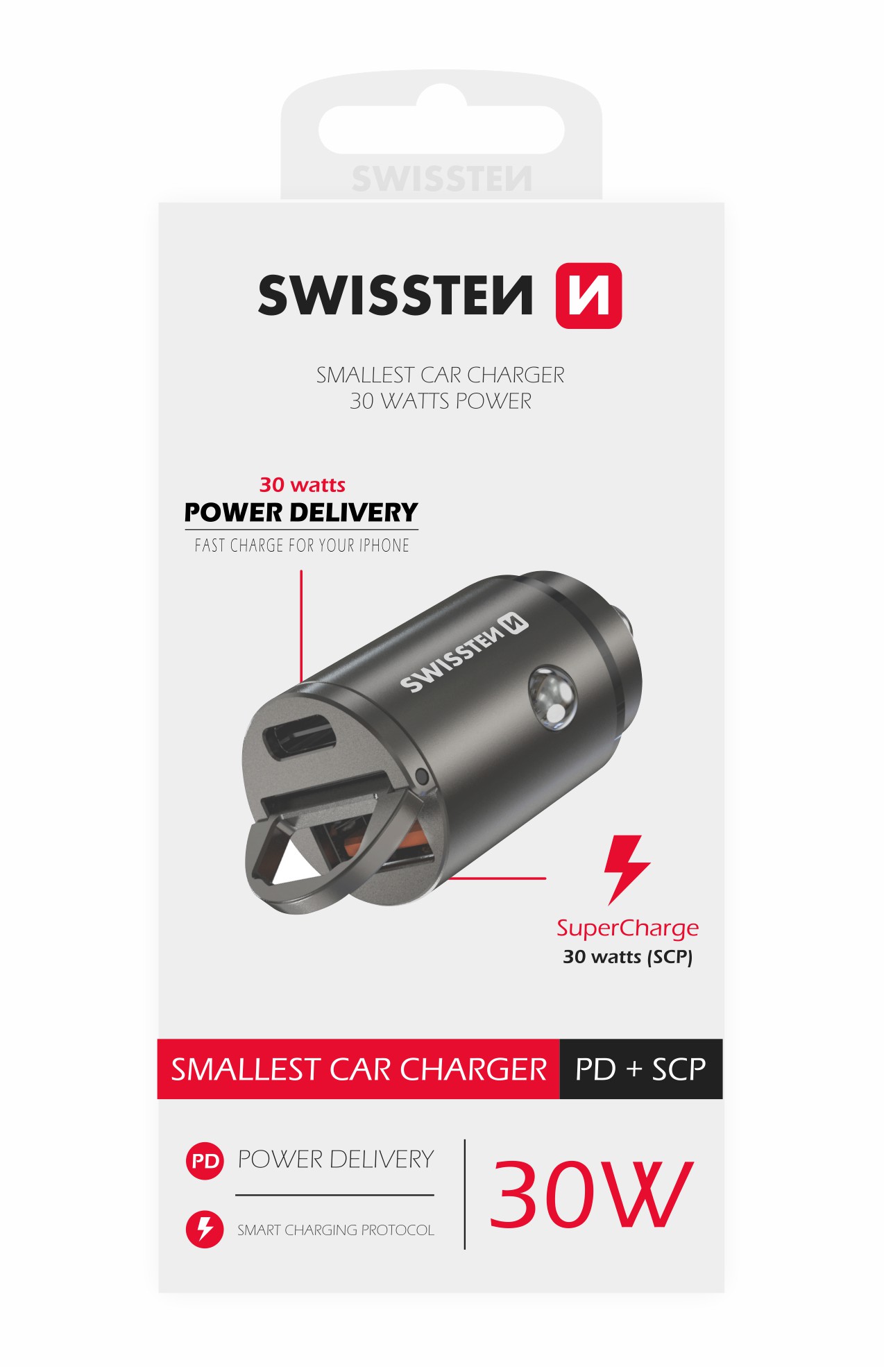 Levně SWISSTEN NANO nabíječka do auta s Power Delivery USB-C + SuperCharge 3.0 30 W Barva: Stříbrná