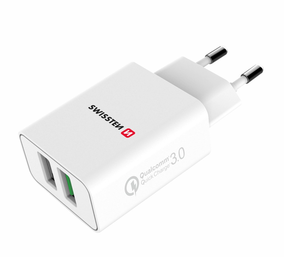 Levně SWISSTEN síťový adaptér 2x USB, QC 3.0, 23W, bílý Barva: Bílá