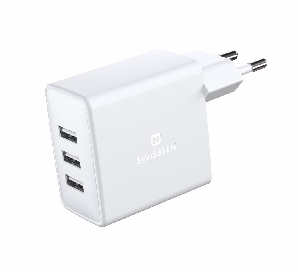 Levně SWISSTEN cestovní síťová nabíječka, 3x USB-A, 3A, 15W, bílá