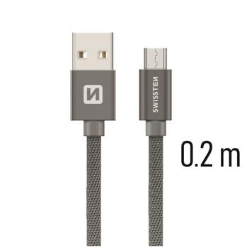 SWISSTEN datový kabel USB-A / micro USB, s textilním opletem, délka 0,2 m Barva kabelu: Šedivý