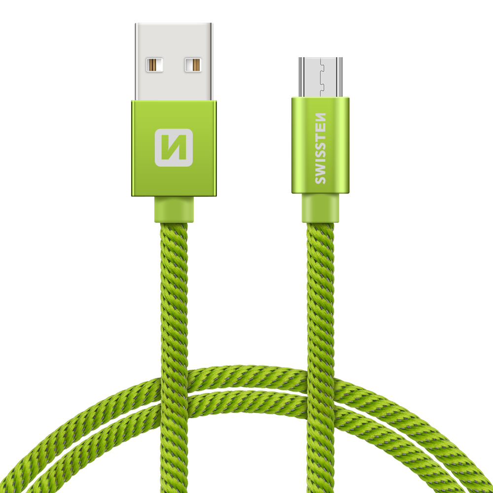 SWISSTEN datový kabel USB-A / micro USB, s textilním opletem, délka 0,2 m Barva kabelu: Zelená