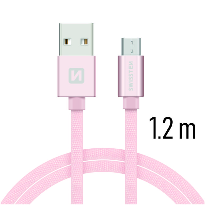 SWISSTEN datový kabel s textilním opletem, USB-A / micro USB, délka 1,2 m Barva kabelu: Růžovo-zlatá