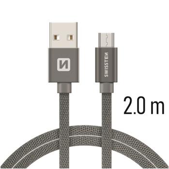 SWISSTEN datový kabel USB-A / micro USB, s textilním opletem, délka 2 m Barva kabelu: Šedivý