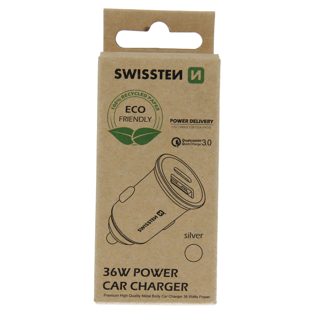 Levně SWISSTEN CL adaptér Power Delivery USB-C + Quick Charge 3.0 36 W metal (ECO BALENÍ) Barva: Stříbrná