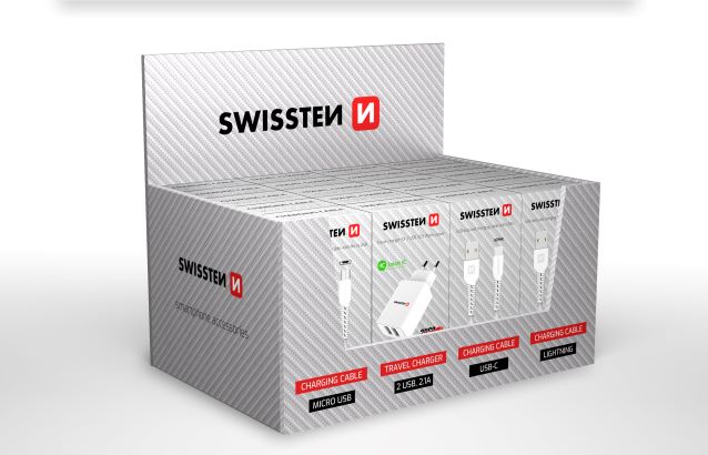 Levně SWISSTEN prodejní set 4 produktů- 5x kabel micro USB, 5x kabel USB-C, 5x kabel Lightning, 5x nabíječka USB-A, v balení typu samoprodavač