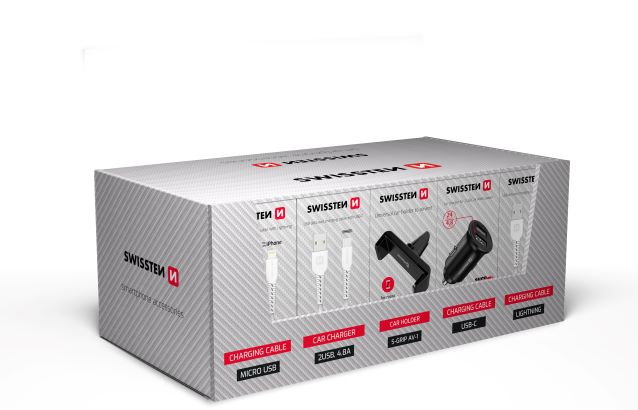 SWISSTEN set samoprodavač (5x kabel MicroUSB, 5x USB-C, 5x Lightning, 5x CL 2 USB 4,8A, 5x držák S-Grip AV-1