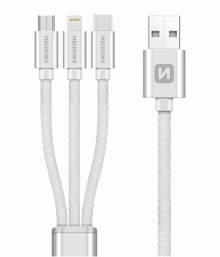 SWISSTEN datový kabel 3v1, MFi, 1,2 m, textilní, stříbrný