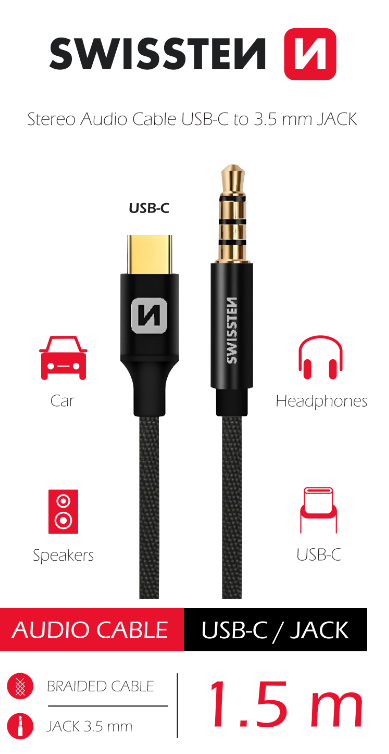 SWISSTEN audio adaptér USB-C/3,5 mm JACK (samec), textilní, 1,5 m, černý
